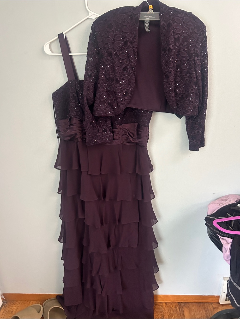 R&M Richards Plum Tiered Ruffle Evening Dress with Beaded Jacket